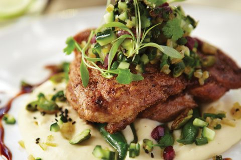 SPICED CHICKEN THIGH WITH PARSNIP PURÉE & POMEGRANATE SALSA