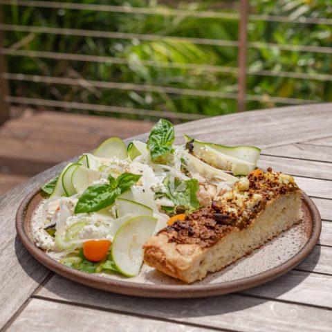 Focaccia with Pistachio Butter & Ricotta & Salad